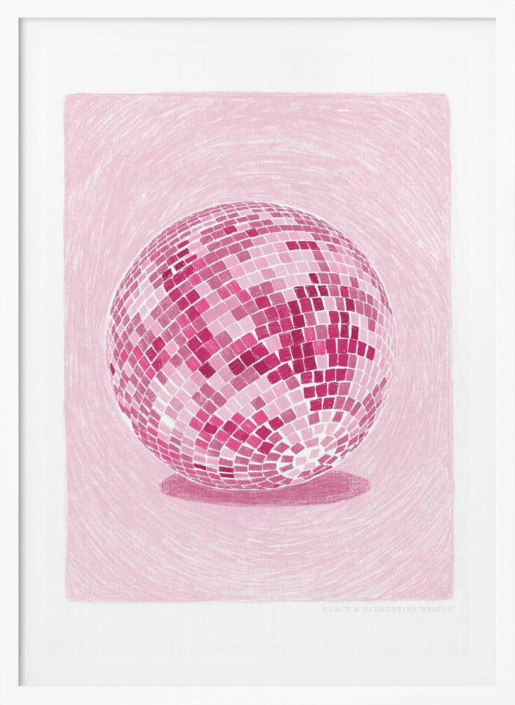 A monochromatic illustration of a disco ball rendered in various shades of pink. The disco ball is centered against a light pink background with a textured, sketchy quality, and it casts a darker pink shadow beneath it. The artwork is shown within a black frame with a white mat. Poster