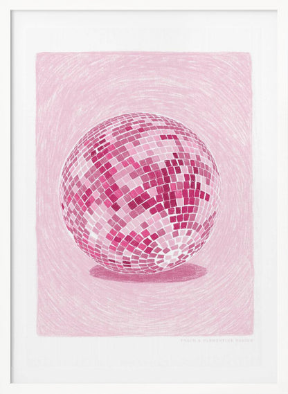 A monochromatic illustration of a disco ball rendered in various shades of pink. The disco ball is centered against a light pink background with a textured, sketchy quality, and it casts a darker pink shadow beneath it. The artwork is shown within a black frame with a white mat. Poster
