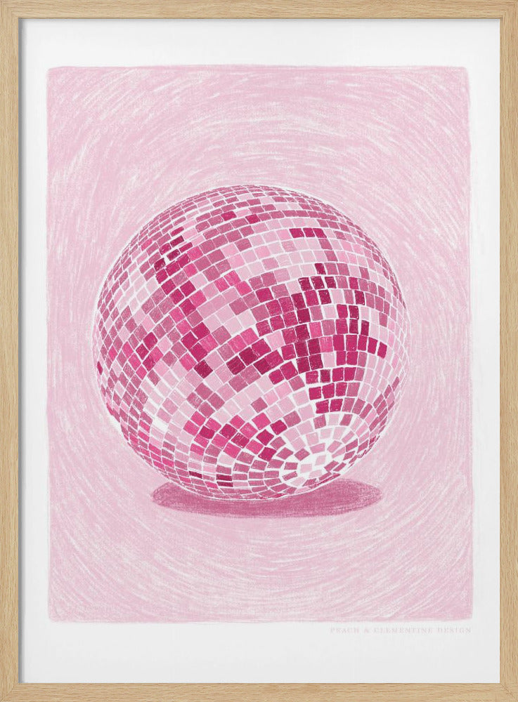 A monochromatic illustration of a disco ball rendered in various shades of pink. The disco ball is centered against a light pink background with a textured, sketchy quality, and it casts a darker pink shadow beneath it. The artwork is shown within a black frame with a white mat. Poster