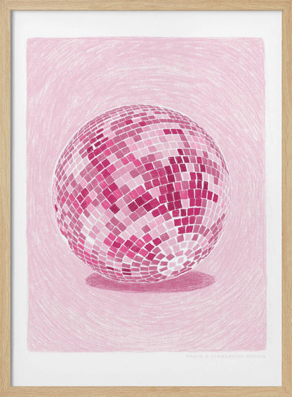 A monochromatic illustration of a disco ball rendered in various shades of pink. The disco ball is centered against a light pink background with a textured, sketchy quality, and it casts a darker pink shadow beneath it. The artwork is shown within a black frame with a white mat. Poster