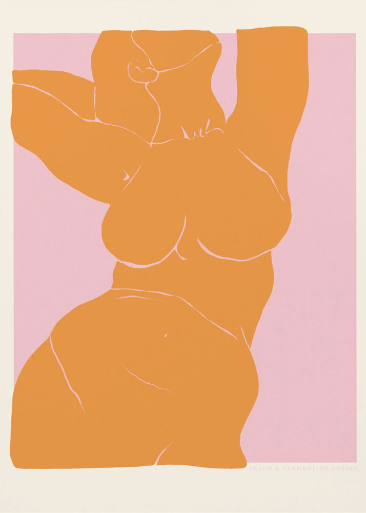 A framed art print with a minimalist illustration of a curvy female torso. The figure is a solid block of orange with delicate white line details, stretching upwards against a soft pink background. Print