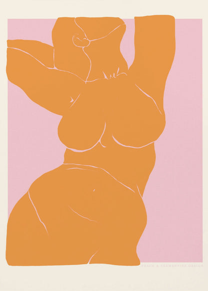 A framed art print with a minimalist illustration of a curvy female torso. The figure is a solid block of orange with delicate white line details, stretching upwards against a soft pink background. Print