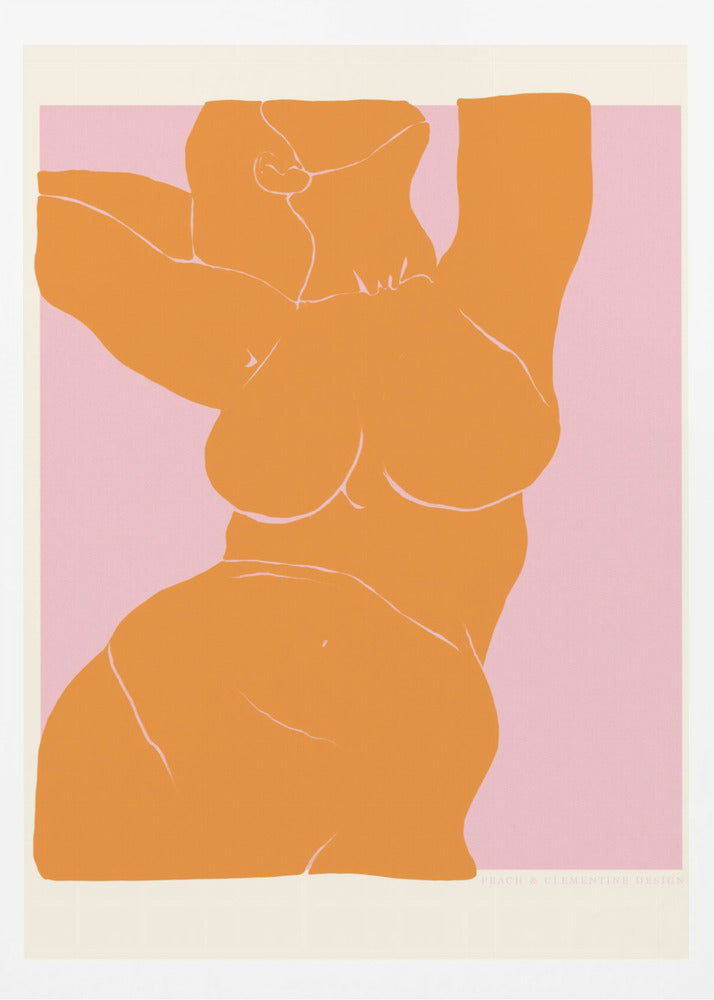 A framed art print with a minimalist illustration of a curvy female torso. The figure is a solid block of orange with delicate white line details, stretching upwards against a soft pink background. Print