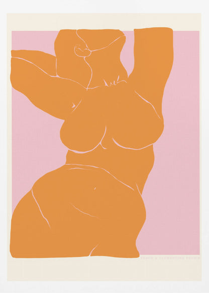 A framed art print with a minimalist illustration of a curvy female torso. The figure is a solid block of orange with delicate white line details, stretching upwards against a soft pink background. Print
