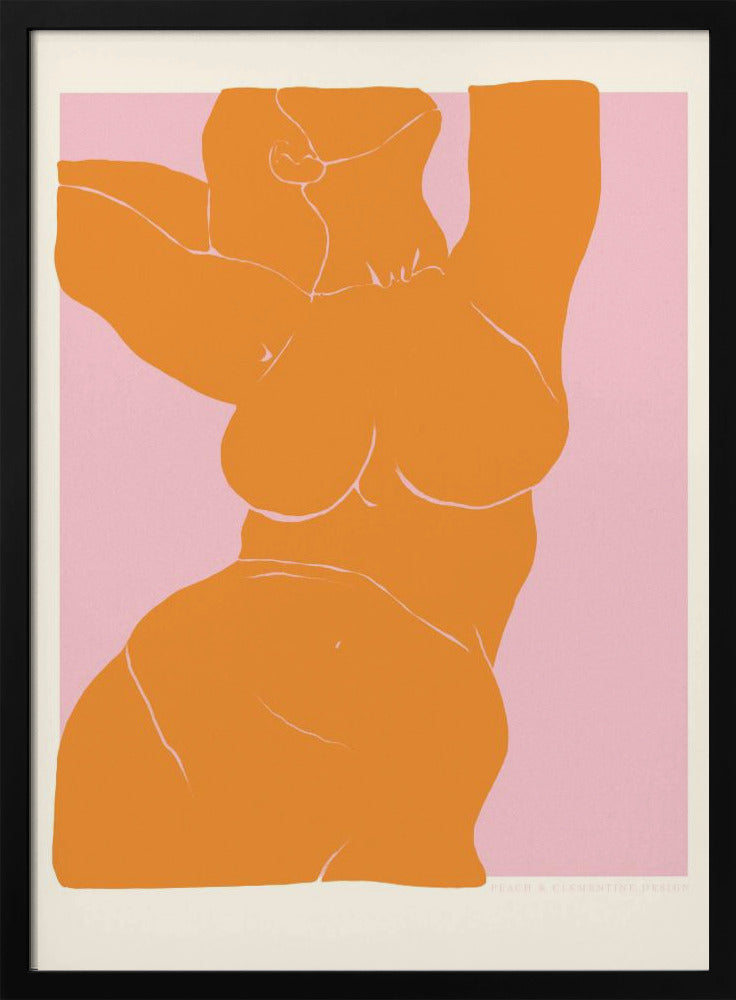 A framed art print with a minimalist illustration of a curvy female torso. The figure is a solid block of orange with delicate white line details, stretching upwards against a soft pink background. Print