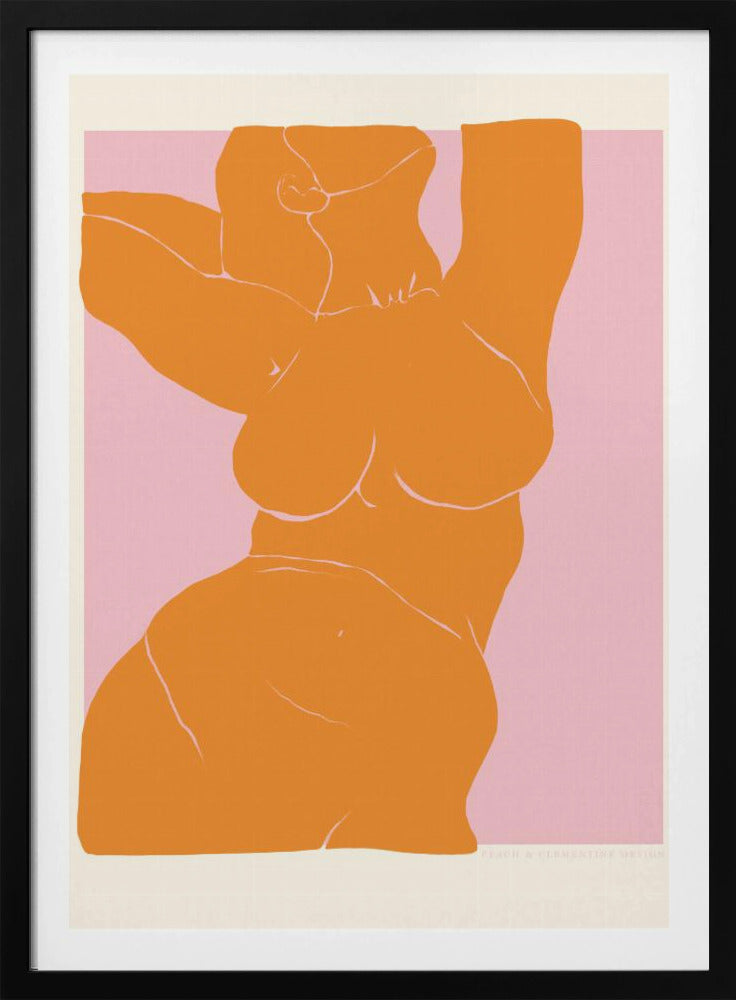 A framed art print with a minimalist illustration of a curvy female torso. The figure is a solid block of orange with delicate white line details, stretching upwards against a soft pink background. Print