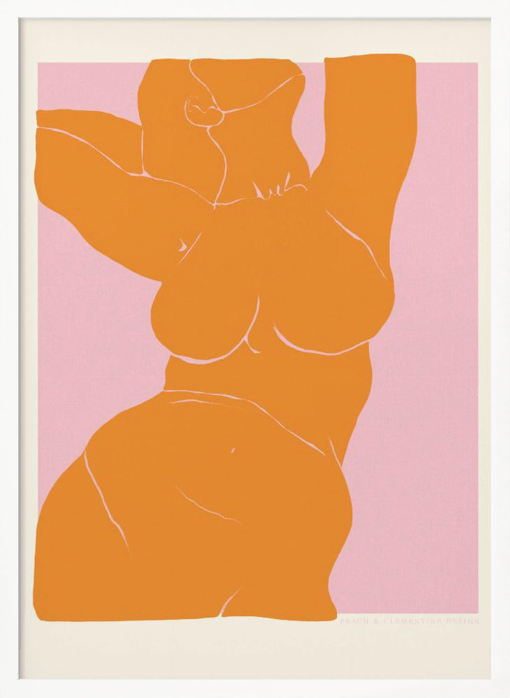 A framed art print with a minimalist illustration of a curvy female torso. The figure is a solid block of orange with delicate white line details, stretching upwards against a soft pink background. Print
