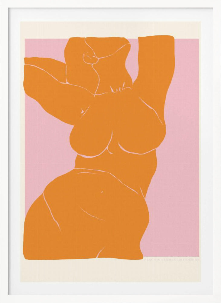 A framed art print with a minimalist illustration of a curvy female torso. The figure is a solid block of orange with delicate white line details, stretching upwards against a soft pink background. Print