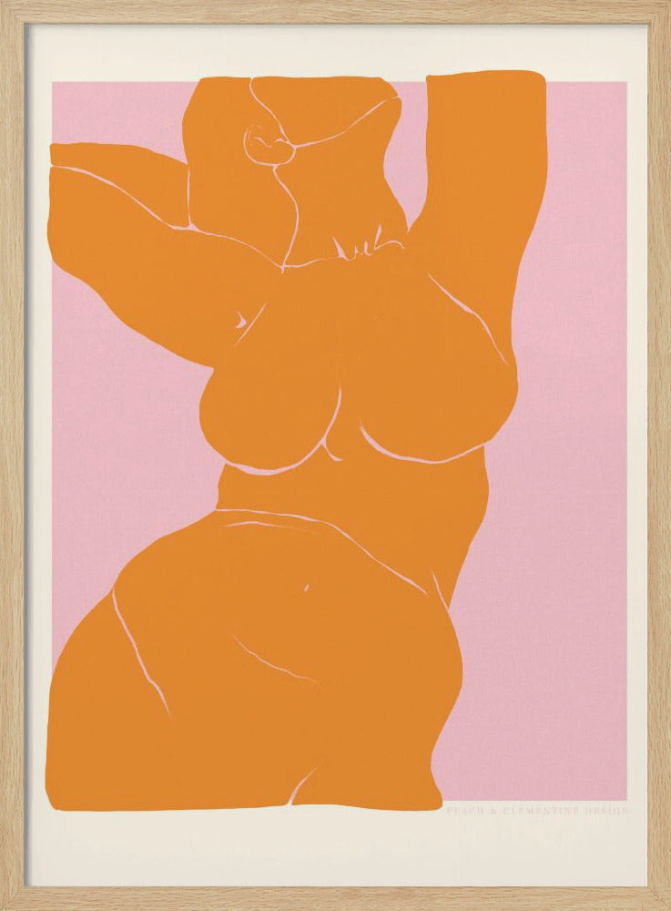 A framed art print with a minimalist illustration of a curvy female torso. The figure is a solid block of orange with delicate white line details, stretching upwards against a soft pink background. Print