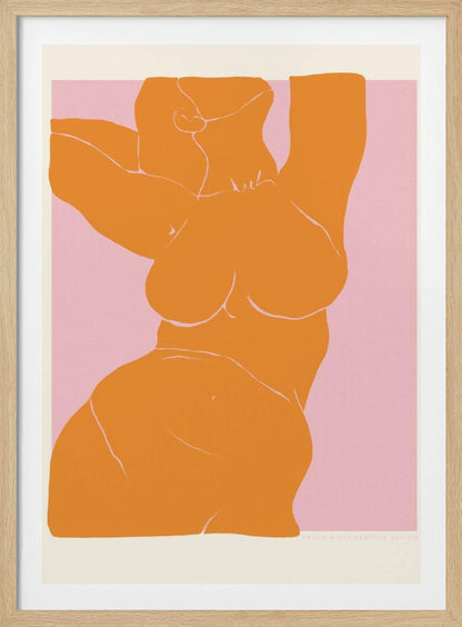 A framed art print with a minimalist illustration of a curvy female torso. The figure is a solid block of orange with delicate white line details, stretching upwards against a soft pink background. Print