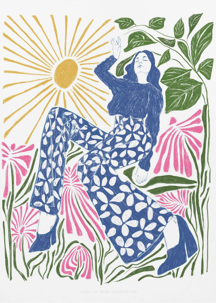 A colorful, stylized illustration of a woman relaxing in a field of large pink flowers under a bright yellow sun. She wears a blue top and blue and white floral pants, with her arm raised lazily. The artwork has a folk art, block-print style. Poster