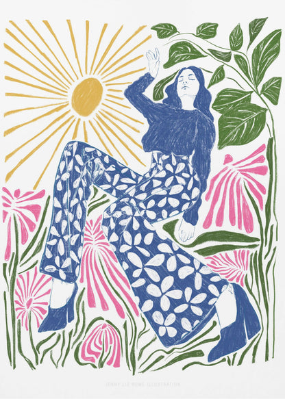 A colorful, stylized illustration of a woman relaxing in a field of large pink flowers under a bright yellow sun. She wears a blue top and blue and white floral pants, with her arm raised lazily. The artwork has a folk art, block-print style. Poster