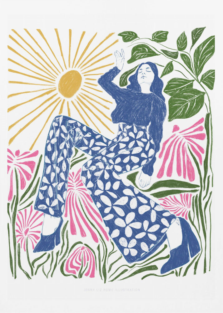 A colorful, stylized illustration of a woman relaxing in a field of large pink flowers under a bright yellow sun. She wears a blue top and blue and white floral pants, with her arm raised lazily. The artwork has a folk art, block-print style. Poster
