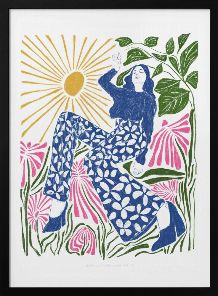 A colorful, stylized illustration of a woman relaxing in a field of large pink flowers under a bright yellow sun. She wears a blue top and blue and white floral pants, with her arm raised lazily. The artwork has a folk art, block-print style. Poster