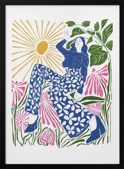 A colorful, stylized illustration of a woman relaxing in a field of large pink flowers under a bright yellow sun. She wears a blue top and blue and white floral pants, with her arm raised lazily. The artwork has a folk art, block-print style. Poster