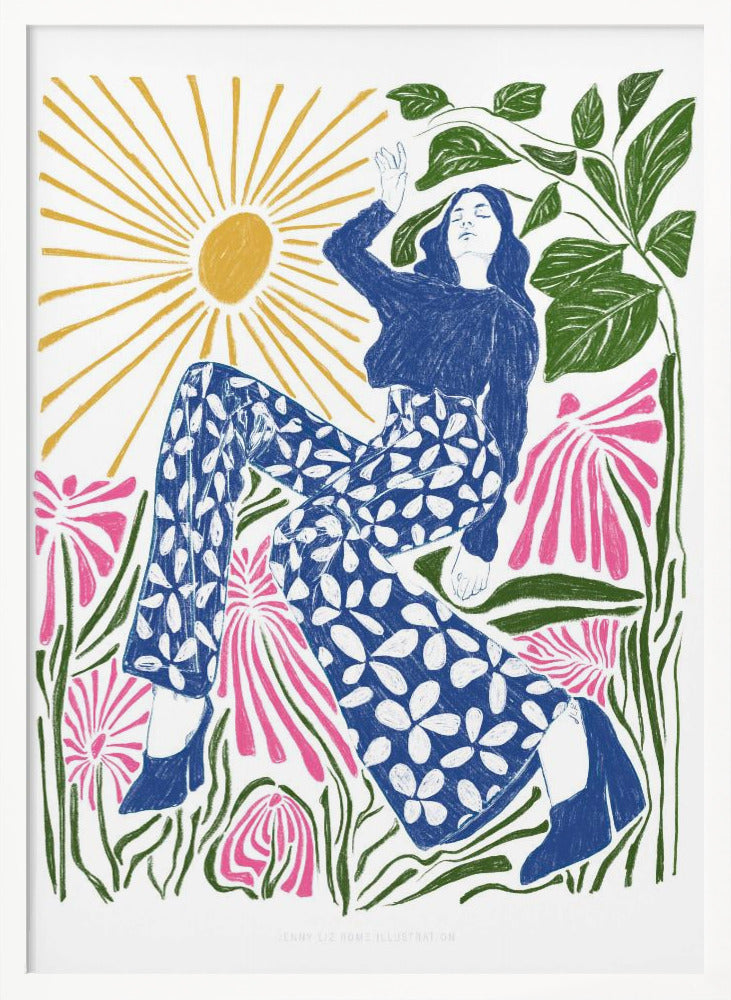 A colorful, stylized illustration of a woman relaxing in a field of large pink flowers under a bright yellow sun. She wears a blue top and blue and white floral pants, with her arm raised lazily. The artwork has a folk art, block-print style. Poster
