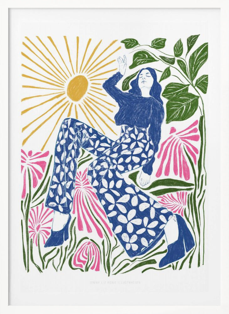 A colorful, stylized illustration of a woman relaxing in a field of large pink flowers under a bright yellow sun. She wears a blue top and blue and white floral pants, with her arm raised lazily. The artwork has a folk art, block-print style. Poster
