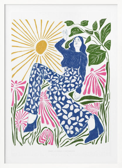 A colorful, stylized illustration of a woman relaxing in a field of large pink flowers under a bright yellow sun. She wears a blue top and blue and white floral pants, with her arm raised lazily. The artwork has a folk art, block-print style. Poster