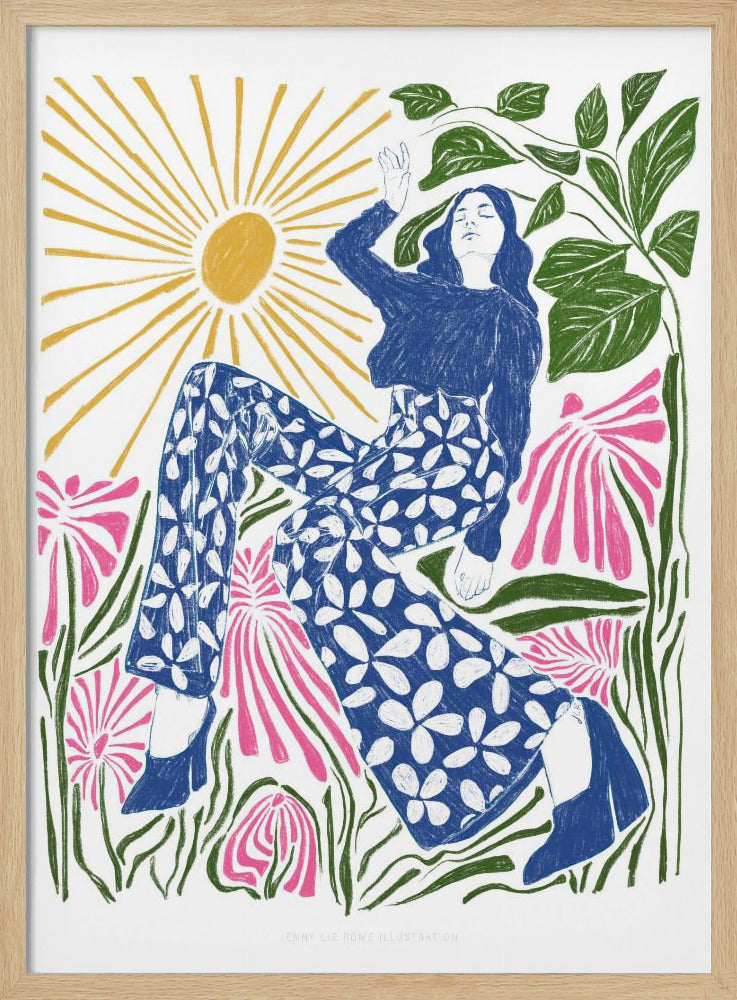 A colorful, stylized illustration of a woman relaxing in a field of large pink flowers under a bright yellow sun. She wears a blue top and blue and white floral pants, with her arm raised lazily. The artwork has a folk art, block-print style. Poster