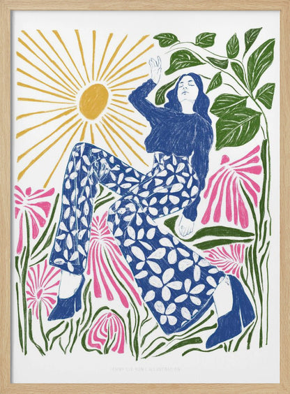 A colorful, stylized illustration of a woman relaxing in a field of large pink flowers under a bright yellow sun. She wears a blue top and blue and white floral pants, with her arm raised lazily. The artwork has a folk art, block-print style. Poster