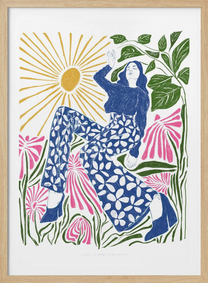 A colorful, stylized illustration of a woman relaxing in a field of large pink flowers under a bright yellow sun. She wears a blue top and blue and white floral pants, with her arm raised lazily. The artwork has a folk art, block-print style. Poster