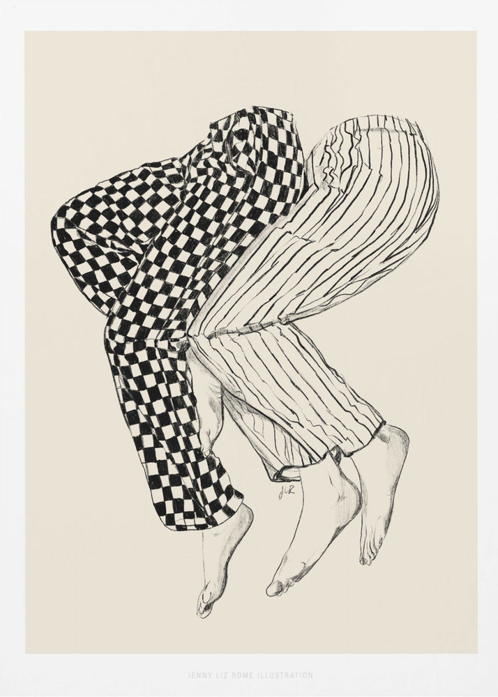 A black and white line drawing of the lower bodies of two people embracing. One figure wears checkered pajamas and the other wears striped pajamas. Their barefoot legs are intertwined and lifted, floating against a solid cream-colored background. Artwork