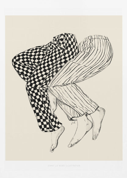 A black and white line drawing of the lower bodies of two people embracing. One figure wears checkered pajamas and the other wears striped pajamas. Their barefoot legs are intertwined and lifted, floating against a solid cream-colored background. Artwork