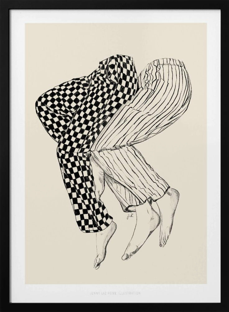 A black and white line drawing of the lower bodies of two people embracing. One figure wears checkered pajamas and the other wears striped pajamas. Their barefoot legs are intertwined and lifted, floating against a solid cream-colored background. Artwork
