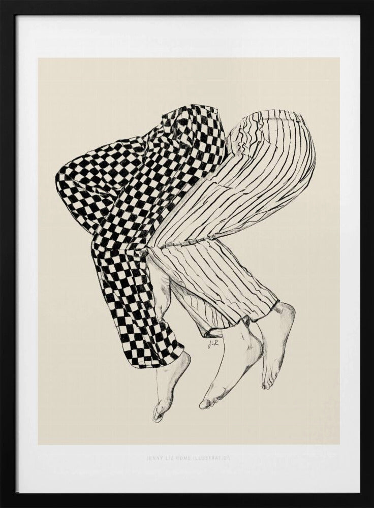A black and white line drawing of the lower bodies of two people embracing. One figure wears checkered pajamas and the other wears striped pajamas. Their barefoot legs are intertwined and lifted, floating against a solid cream-colored background. Artwork
