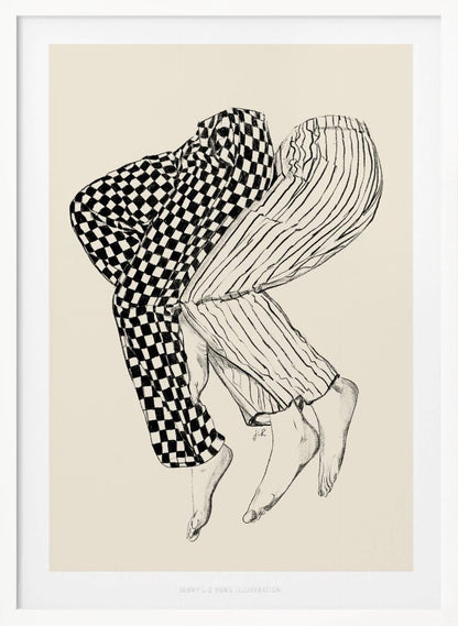 A black and white line drawing of the lower bodies of two people embracing. One figure wears checkered pajamas and the other wears striped pajamas. Their barefoot legs are intertwined and lifted, floating against a solid cream-colored background. Artwork
