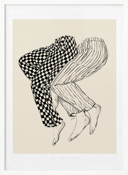 A black and white line drawing of the lower bodies of two people embracing. One figure wears checkered pajamas and the other wears striped pajamas. Their barefoot legs are intertwined and lifted, floating against a solid cream-colored background. Artwork