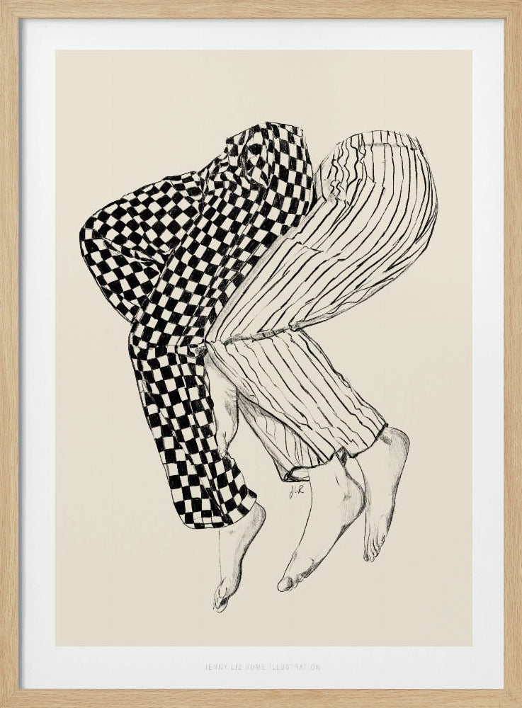 A black and white line drawing of the lower bodies of two people embracing. One figure wears checkered pajamas and the other wears striped pajamas. Their barefoot legs are intertwined and lifted, floating against a solid cream-colored background. Artwork