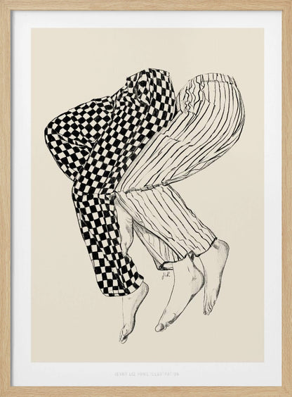 A black and white line drawing of the lower bodies of two people embracing. One figure wears checkered pajamas and the other wears striped pajamas. Their barefoot legs are intertwined and lifted, floating against a solid cream-colored background. Artwork