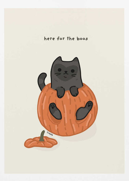 A cute cartoon illustration of a black cat sitting inside a hollowed-out orange pumpkin. Above the cat is the text 'here for the boos' in a simple font against a light beige background. The art is signed 'f.royle'. Artwork