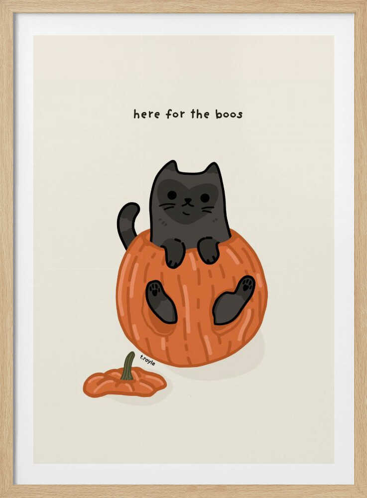 A cute cartoon illustration of a black cat sitting inside a hollowed-out orange pumpkin. Above the cat is the text 'here for the boos' in a simple font against a light beige background. The art is signed 'f.royle'. Artwork