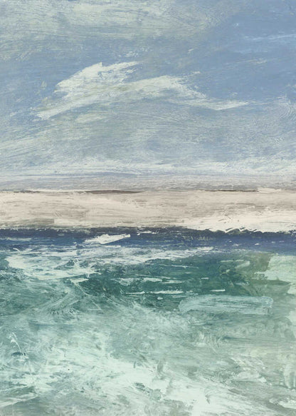 Abstract painting of an ocean scene with a sandy beach under a cloudy blue sky. Modern coastal wall art.