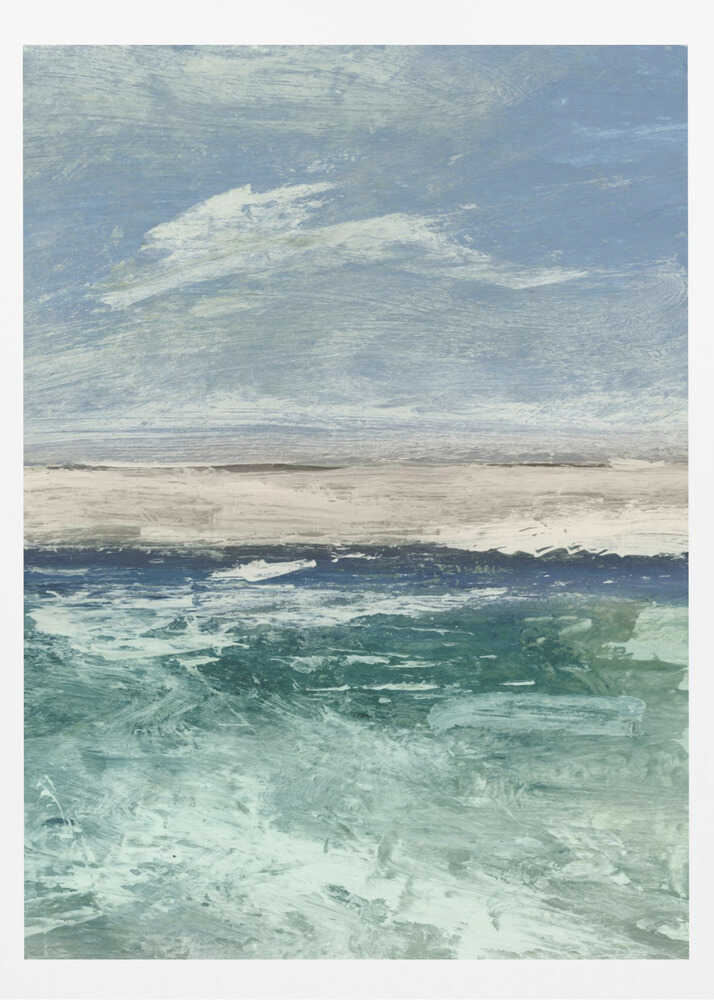 Abstract painting of an ocean scene with a sandy beach under a cloudy blue sky. Modern coastal wall art.