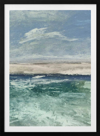 Abstract painting of an ocean scene with a sandy beach under a cloudy blue sky. Modern coastal wall art.