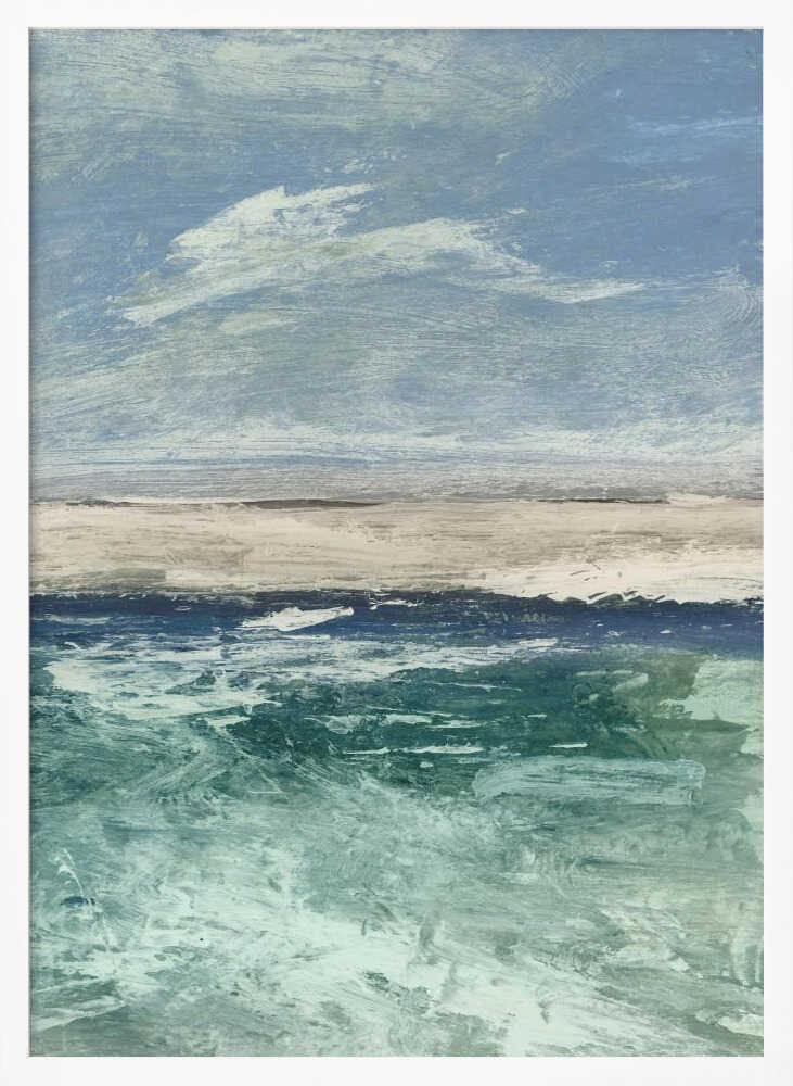 Abstract painting of an ocean scene with a sandy beach under a cloudy blue sky. Modern coastal wall art.