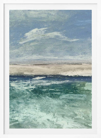 Abstract painting of an ocean scene with a sandy beach under a cloudy blue sky. Modern coastal wall art.