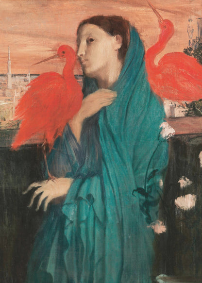 A vintage painting of a pensive woman draped in a teal robe, standing on a balcony with two vibrant scarlet ibis birds. In the background, a cityscape with minarets is visible under an orange sunset sky. Wall Art