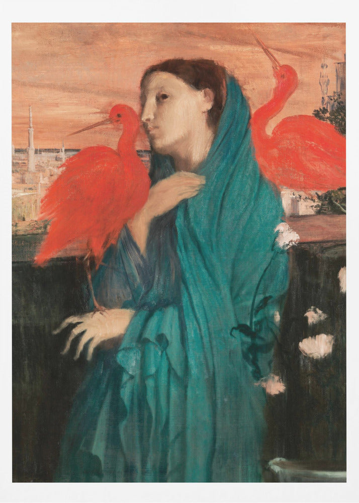 A vintage painting of a pensive woman draped in a teal robe, standing on a balcony with two vibrant scarlet ibis birds. In the background, a cityscape with minarets is visible under an orange sunset sky. Wall Art