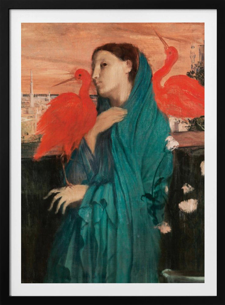 A vintage painting of a pensive woman draped in a teal robe, standing on a balcony with two vibrant scarlet ibis birds. In the background, a cityscape with minarets is visible under an orange sunset sky. Wall Art