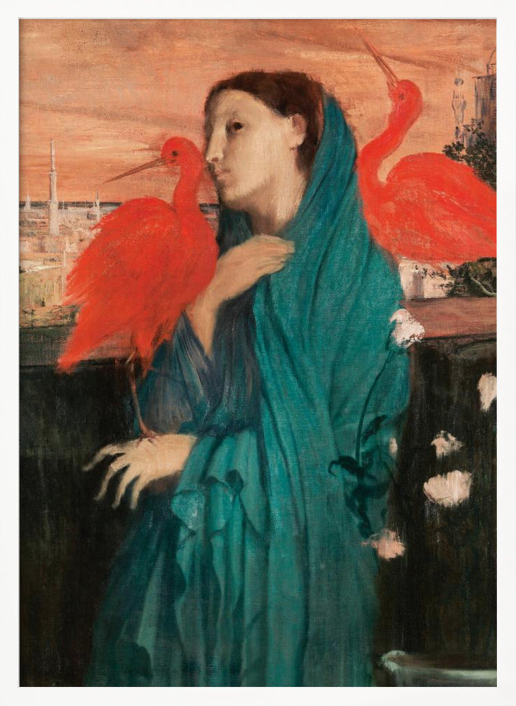 A vintage painting of a pensive woman draped in a teal robe, standing on a balcony with two vibrant scarlet ibis birds. In the background, a cityscape with minarets is visible under an orange sunset sky. Wall Art