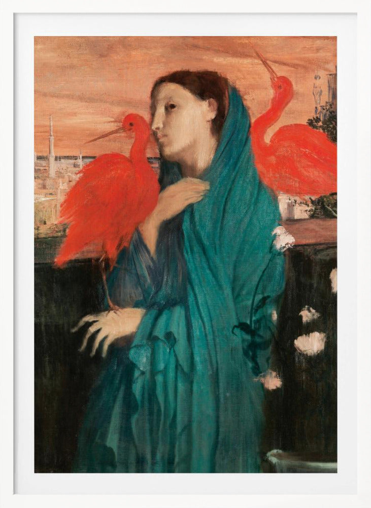 A vintage painting of a pensive woman draped in a teal robe, standing on a balcony with two vibrant scarlet ibis birds. In the background, a cityscape with minarets is visible under an orange sunset sky. Wall Art