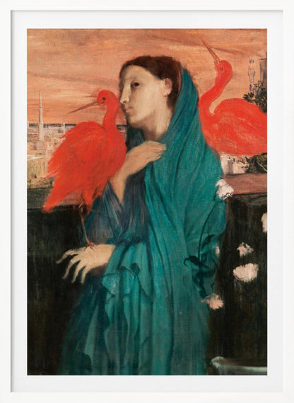 A vintage painting of a pensive woman draped in a teal robe, standing on a balcony with two vibrant scarlet ibis birds. In the background, a cityscape with minarets is visible under an orange sunset sky. Wall Art