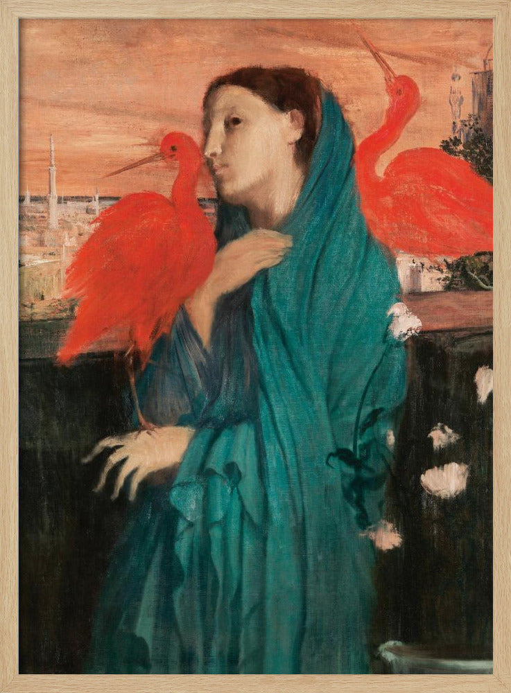 A vintage painting of a pensive woman draped in a teal robe, standing on a balcony with two vibrant scarlet ibis birds. In the background, a cityscape with minarets is visible under an orange sunset sky. Wall Art