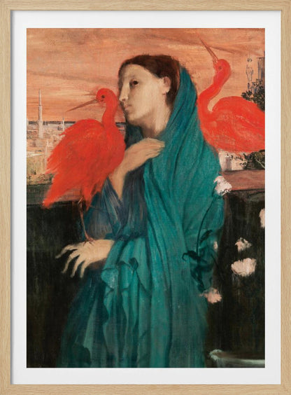 A vintage painting of a pensive woman draped in a teal robe, standing on a balcony with two vibrant scarlet ibis birds. In the background, a cityscape with minarets is visible under an orange sunset sky. Wall Art