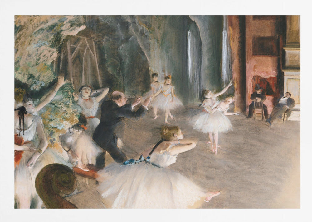 An impressionist painting depicting a ballet rehearsal on a stage. Ballerinas in white tutus practice and stretch while a male instructor in a dark suit directs them. The scene is viewed from the wings, with theatrical scenery in the background and onlookers seated to the right. Wall Art