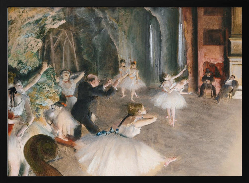An impressionist painting depicting a ballet rehearsal on a stage. Ballerinas in white tutus practice and stretch while a male instructor in a dark suit directs them. The scene is viewed from the wings, with theatrical scenery in the background and onlookers seated to the right. Wall Art